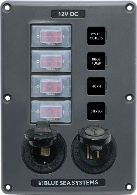 Blue Sea Water-Resistant 12V 4 Circuit Breaker Switch Panel with 12v Socket and Dual USB