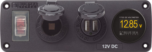 Blue Sea Water-Resistant 12V 15A Circuit Accessory Panel Socket, Dual USB, Volt Meter