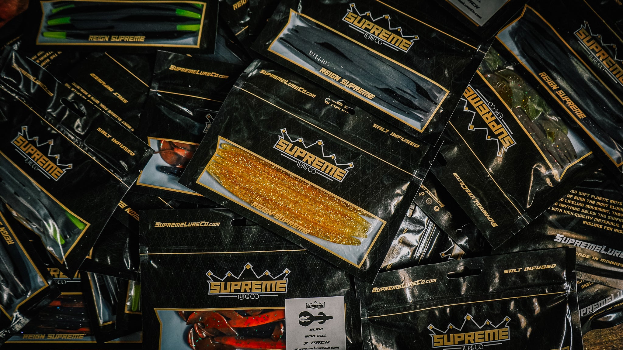 Shop Supreme Lure Co for sale soft plastic baits hand poured Bass fishing Trout fishing tournament salt infused Reign Supreme Black and gold company logo 